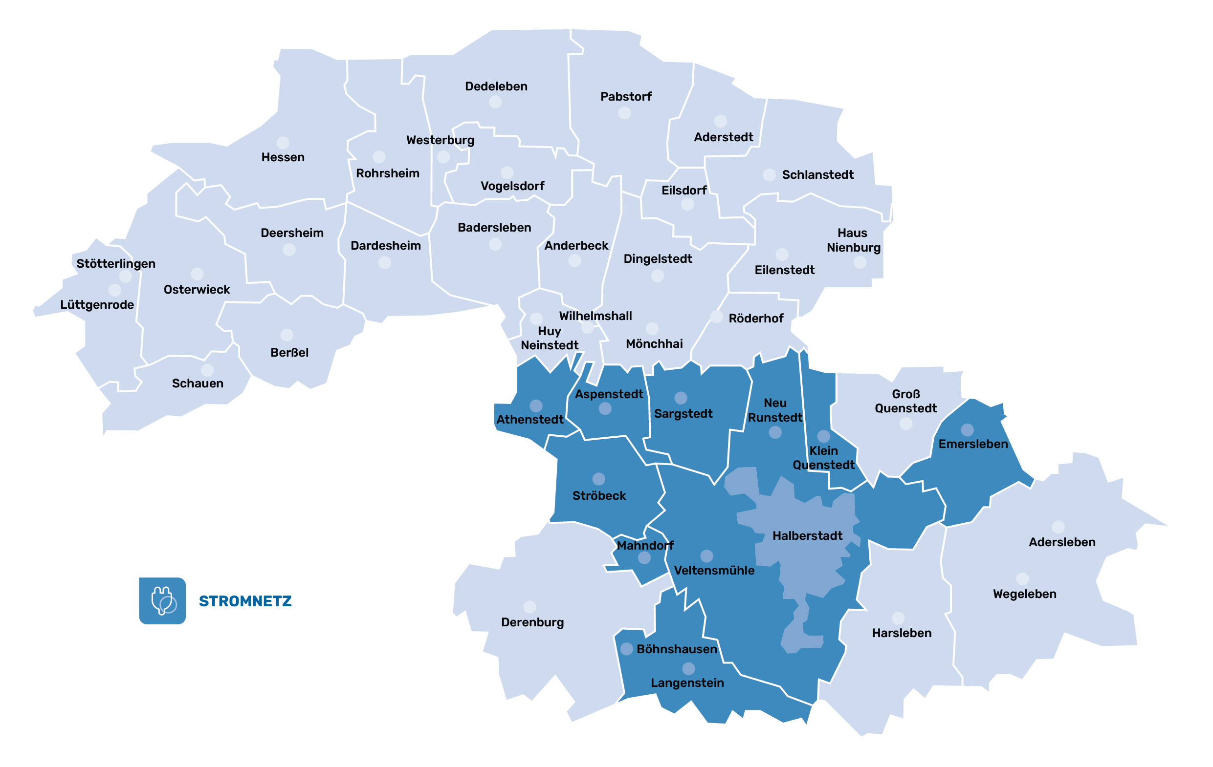Karte über das Strom-Netzgebiet der Halberstadtwerke. Das Gebiet erstreckt sich von Halberstadt über Emersleben, Klein Quenstedt, Neu Runstedt, Sargstedt, Aspenstedt, Athenstedt, Ströbeck, Mahndorf, Veltensmühle, Böhnshausen und Langenstein.