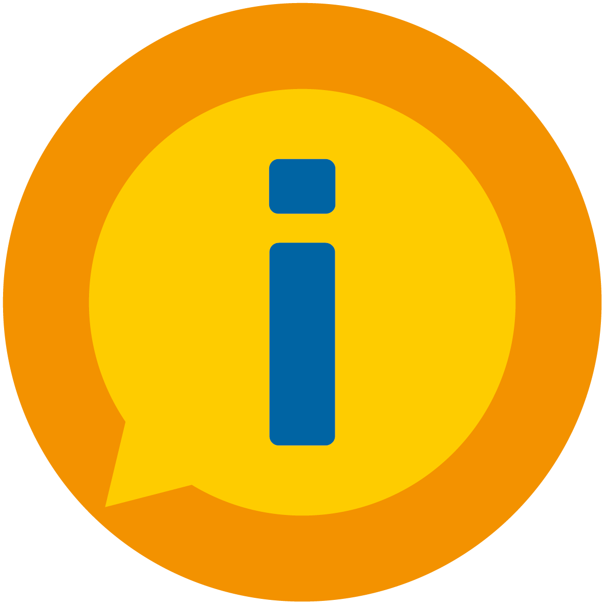 Info-Icon mit kleinem blauen I in gelber runder Sprechblase, die noch einmal orange umrandet ist