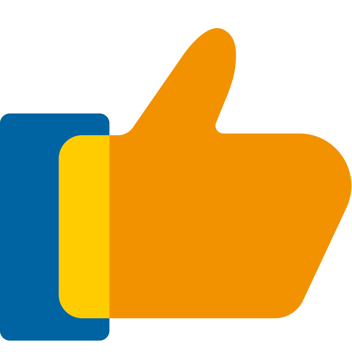 Daumen-hoch-Icon mit orangefarbener Hand und blauem Handgelenk-Ansatz.