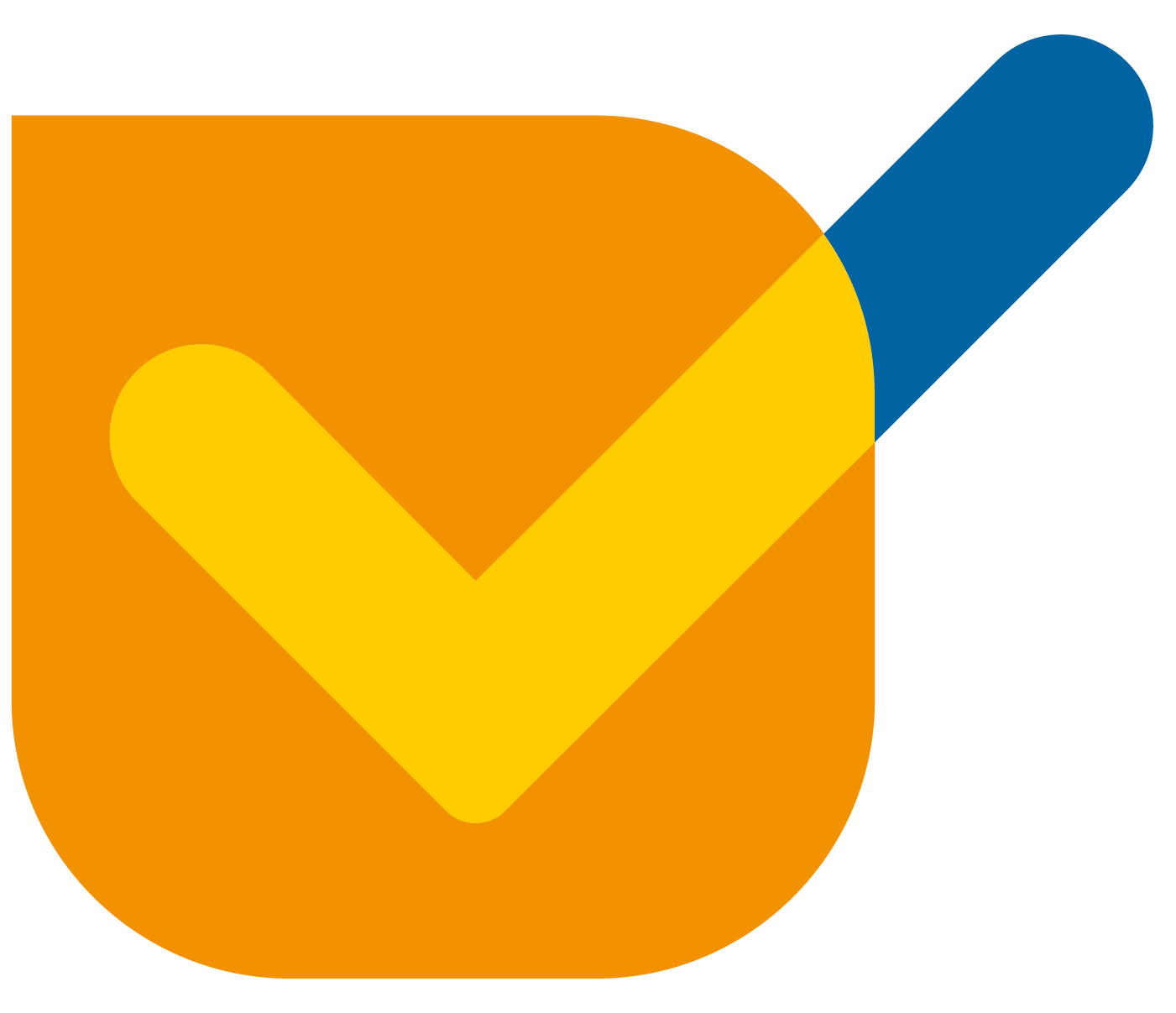 Häkchen-Icon in Orange, Gelb und Blau.