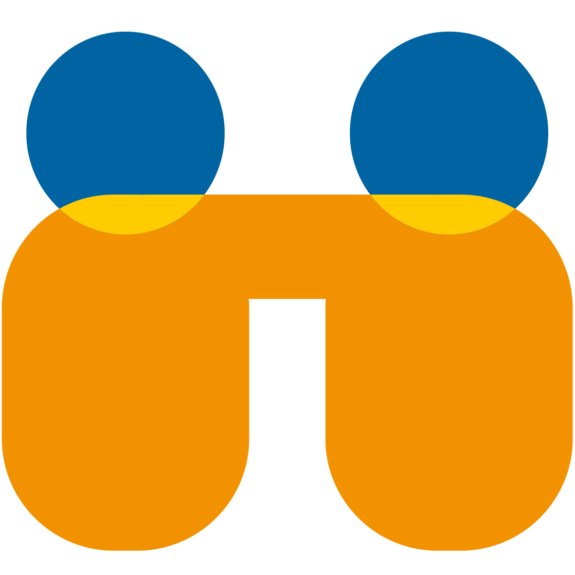 Fair-Icon mit zwei Personen mit orangefarbenen Körpern und blauen Köpfen, die nebeneinander stehen und sich gegenseitig einen Arm um die Schultern legen.