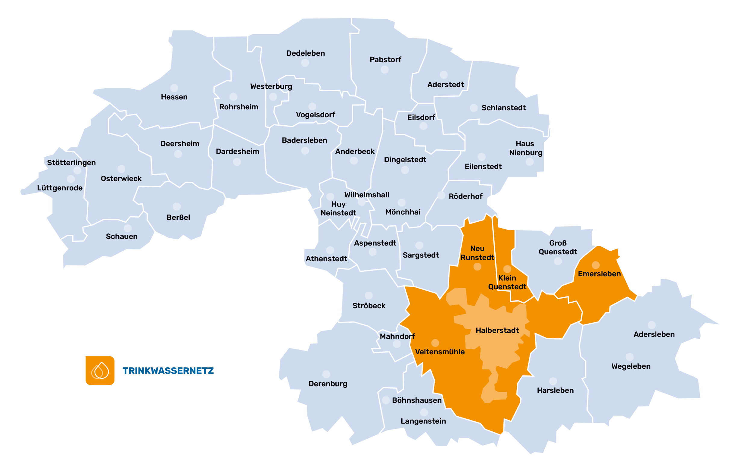 Karte des Trinkwasser-Netzgebiets der Halberstadtwerke mit den Orten Halberstadt, Emersleben, Klein Quenstedt, Neu Runstedt, Veltensmühle.