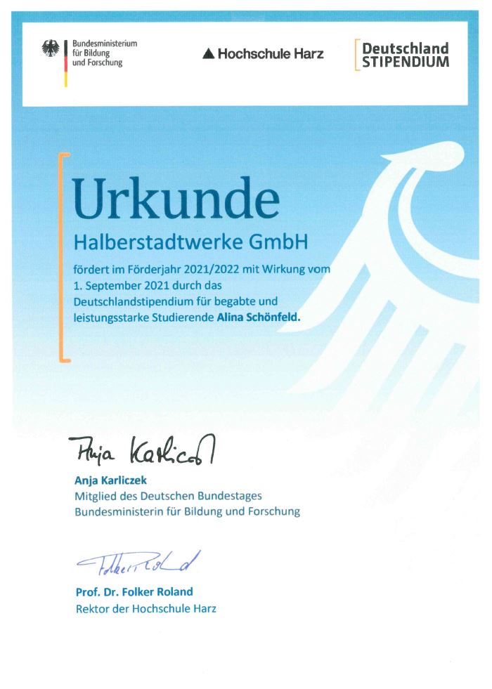 Stipendium-Urkunde 2021 Alina Schönfeld