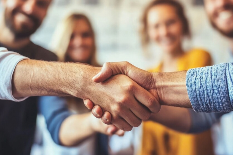 Eine Gruppe von Menschen steht im Hintergrund im Halbkreis zusammen. Im Vordergrund geben sich zwei Hände die Hand.