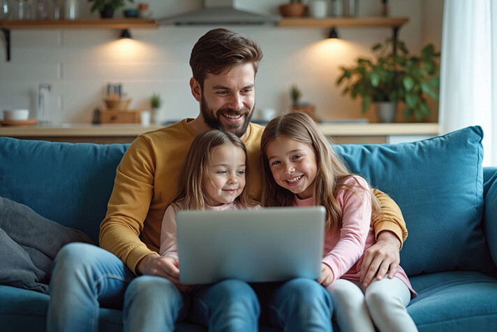 Ein Vater in orangenem Shirt sitzt tagsüber im Wohnbereich mit seinen beiden kleinen Töchtern auf einer blauen Couch und schaut sich mit Ihnen etwas auf einem Laptop an – alle Drei lachen und im Hintergrund ist die indirekte Beleuchtung der angrenzenden Küchenzeile eingeschaltet.