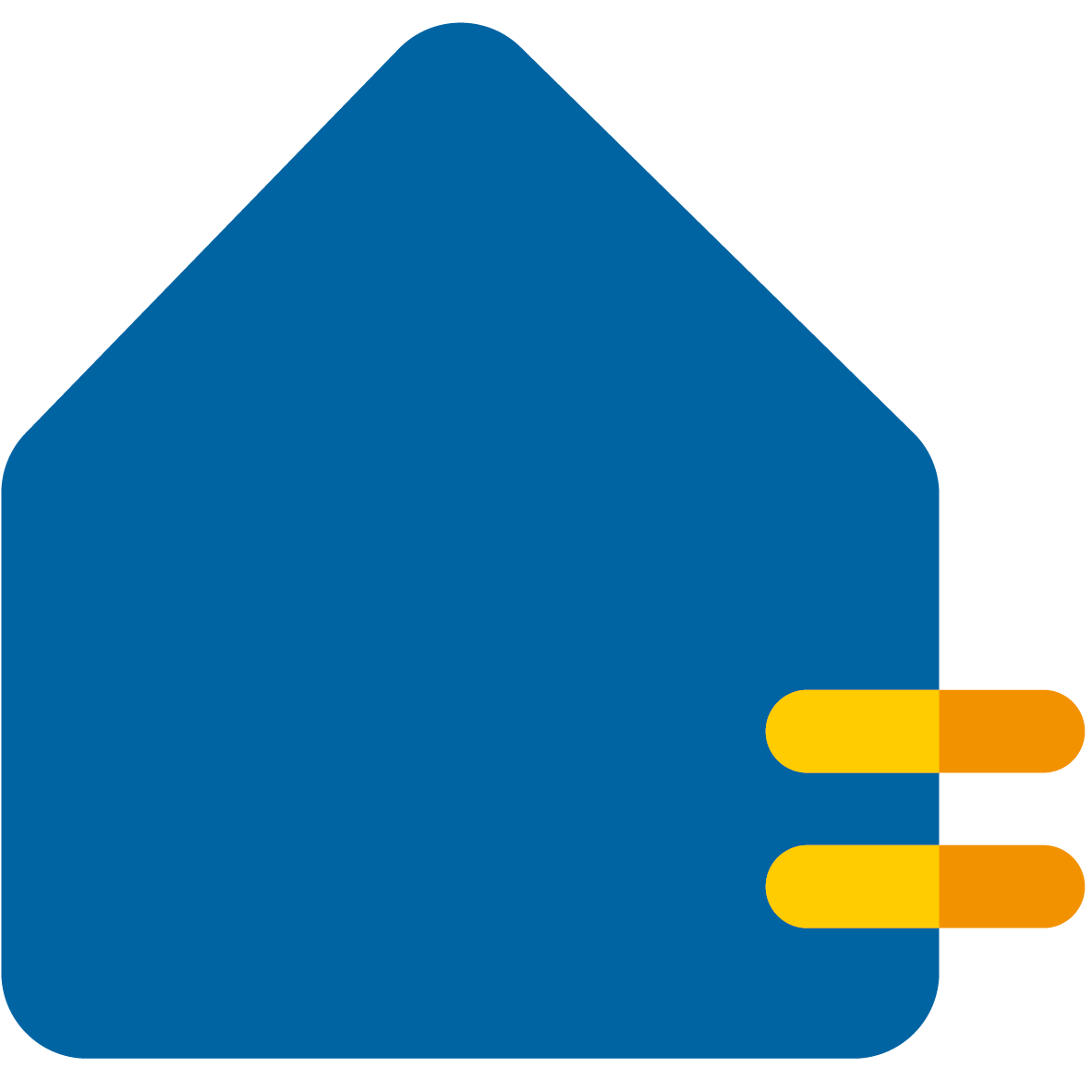 Netzanschluss-Icon mit einem blauen Haus und zwei gelb-orangefarbenen Linien, die waagerecht und untereinander angebracht sind und das Haus mit der Umgebung verbinden.