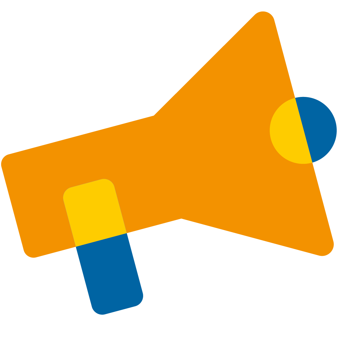 Megafon-Icon in orange mit blau-gelbem Haltegriff.
