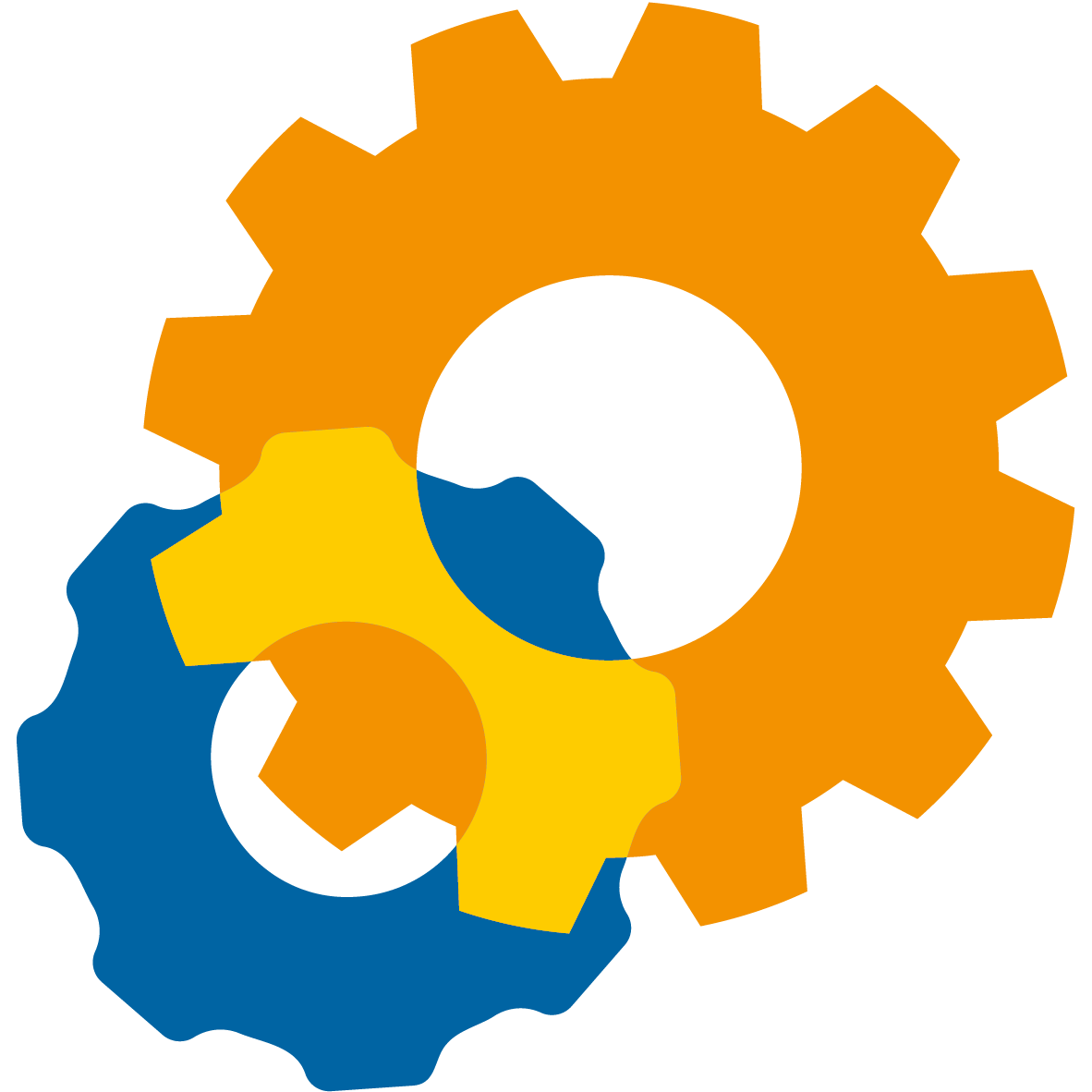 Zahnrad-Icon mit einem großen orangefarbenen Zahnrad, das in ein kleines blaues Zahnrad greift. An den Berührungspunkten werden beide Zahnräder gelb.