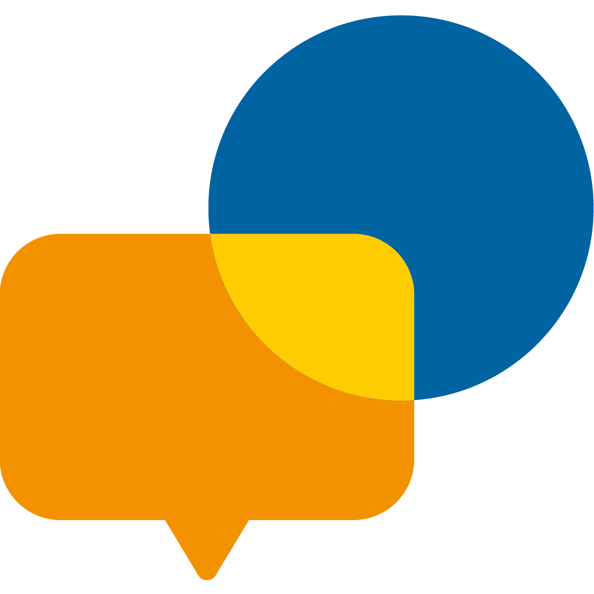 Persönlich-Icon mit orangefarbener Sprechblase und blauem Kreis, die sich rechts oben berühren und sich im Überlappungsbereich gelb färben.