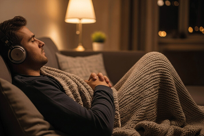 Ein Mann liegt am Abend entspannt auf dem Sofa seiner Wohnung und hört Musik – er ist zugedeckt und im Hintergrund scheint warmes Licht durchs Zimmer.