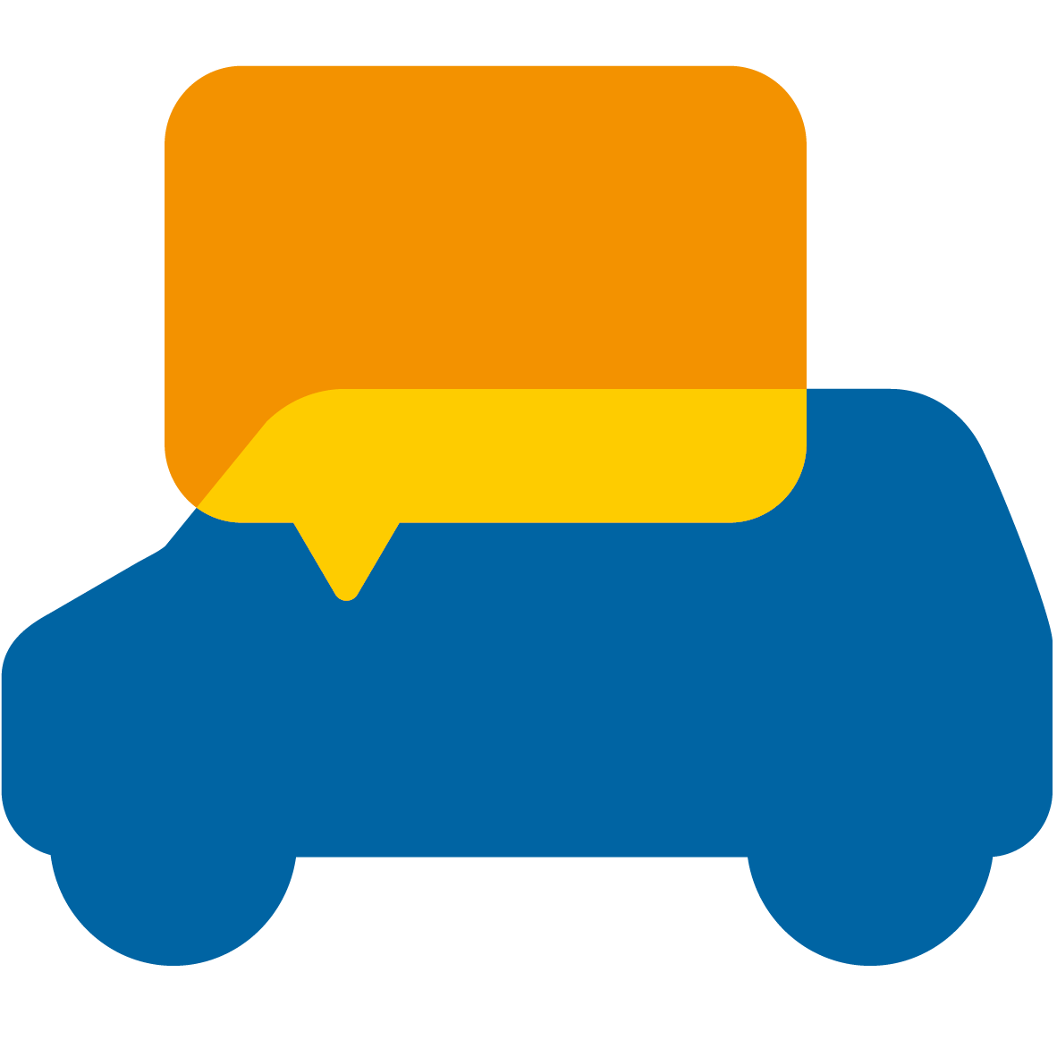 Beratungsmobil-Icon mit einem blauen Auto und orangefarbener Sprechblase