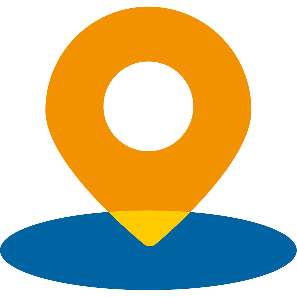 Location-Icon mit einer orange-gelben Pfeilspitze, die auf einen blauen Fleck trifft.