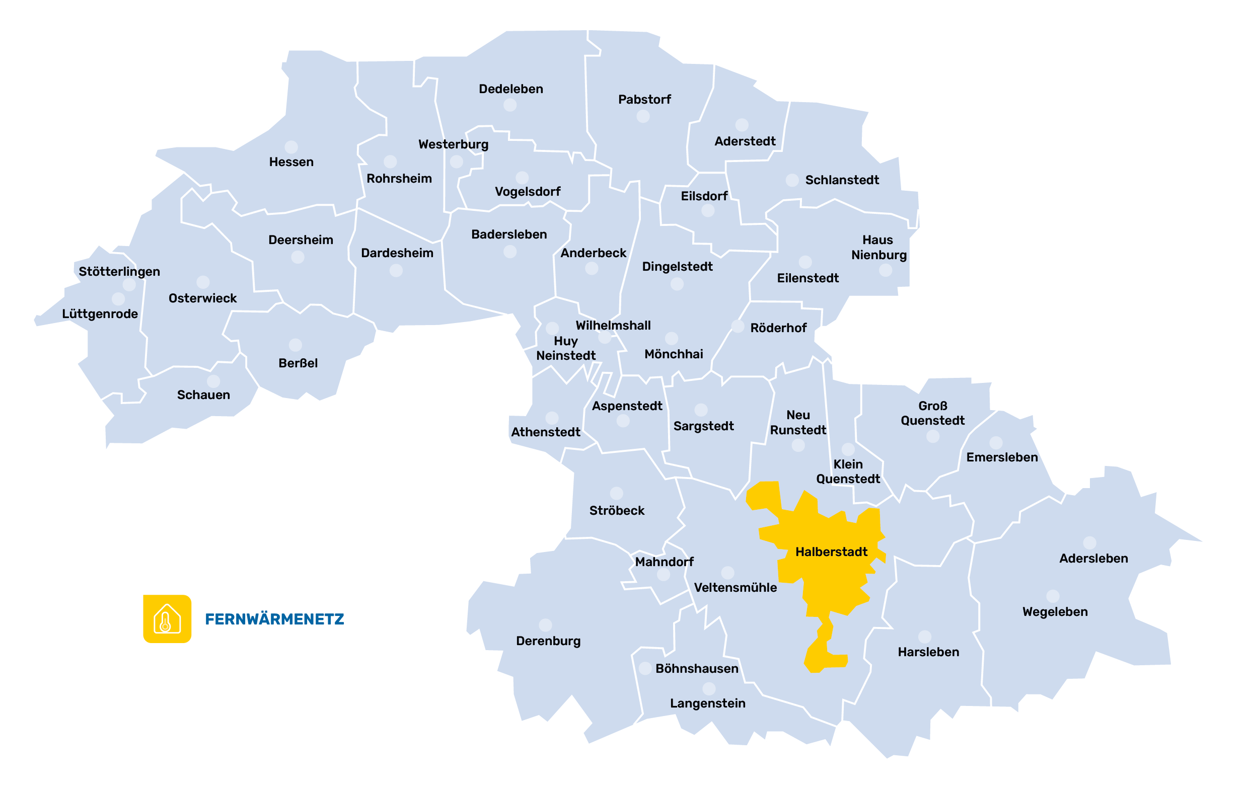 Karte des Fernwärme-Netzgebiets der Halberstadtwerke mit dem Stadtgebiet von Halberstadt.