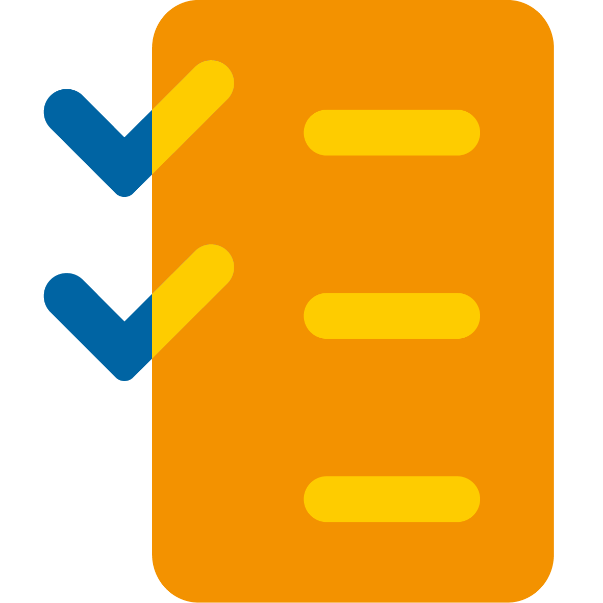 Dokument-Icon mit einem orangefarbenen Rechteck mit drei gelben, untereinander angeordneten waagerechten Strichen. Links oben, neben dem Dokument stehen zwei blaue Haken neben den beiden oberen Strichen. Dort, wo die Haken ins Dokument übergehen, werden sie gelb.
