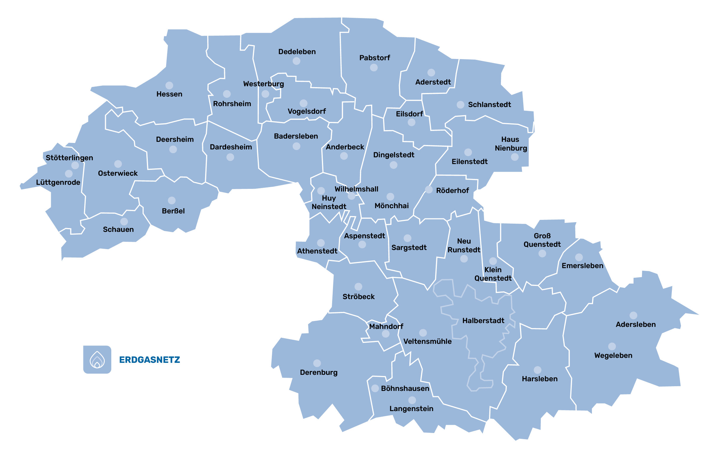 Karte des Erdgas-Netzgebiets der Halberstadtwerke, angefangen von Halberstadt mit allen Ortsteilen bis hoch nach Schlanstedt, Dedeleben, Osterwieck, Lüttgenrode.