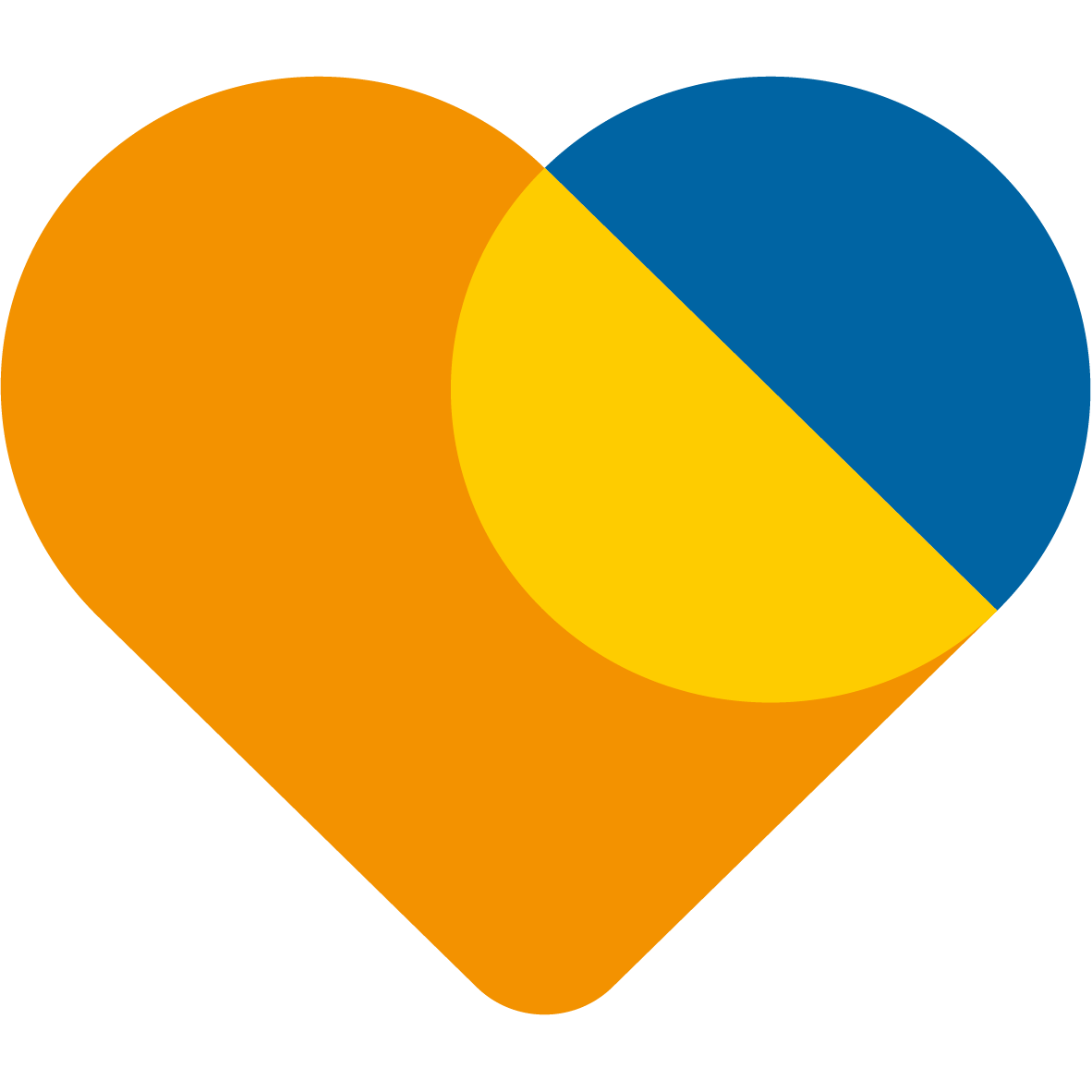 Herz-Icon mit einer linken orangefarbenen Seite und einer gelb-blauen oberen rechten Rundung.